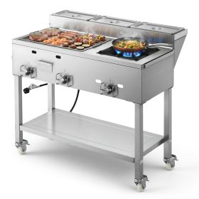 VEVOR Outdoor Propane Griddle, 3 Burners (11,600 BTU Each), Commercial Stainless Steel Griddle with Three 1/3 Size Food Pans