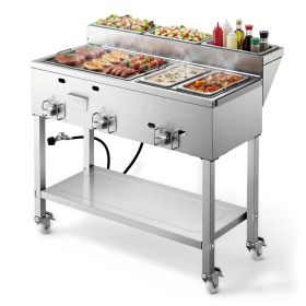 VEVOR Outdoor Propane Griddle, 3 Burners (11,600 BTU Each), Commercial Stainless Steel Griddle with Two 1/3 Size Food Warming Pans